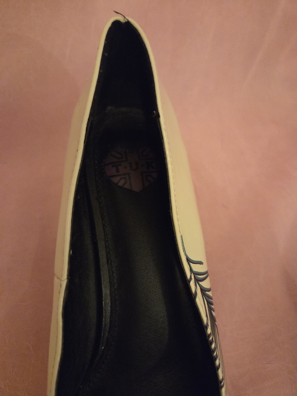 T.U.K Cream Pumps with Peacock Feather Design Vintage Women's Turquoise Heels - Picture 14 of 14